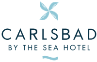 A logo reading &ldquo;CARLSBAD BY THE SEA HOTEL&rdquo; with a small flower-like icon above the text. logo on footer section.