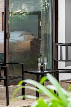 A cozy patio by a glass door: two chairs, a table with a wine bottle and two glasses, and greenery outside.